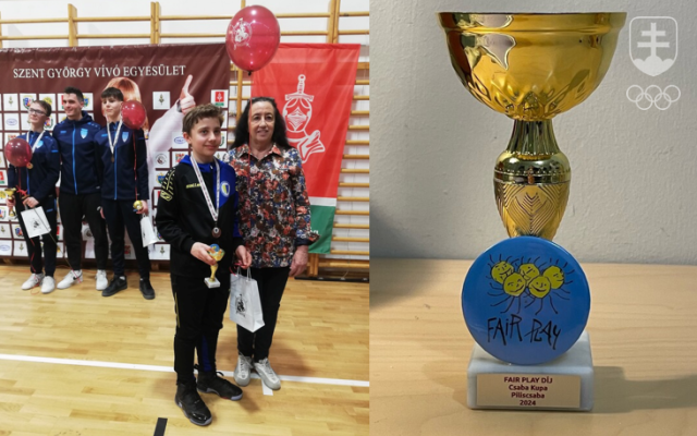 Vľavo jeden z mladých laureátov ocenenia fair play v spoločnosti Kataríny Ráczovej, vpravo v detaile Cena fair play.