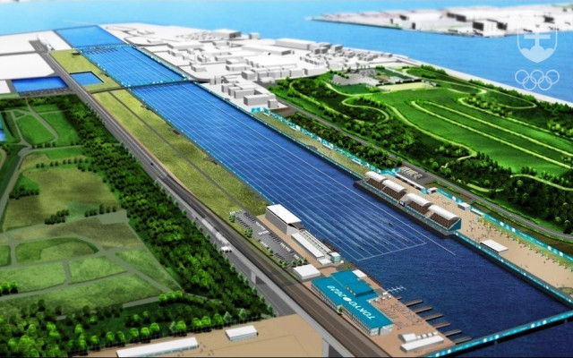 Vizualizácia olympijského areálu v Tokiu pre veslovanie a rýchlostnú kanoistiku.