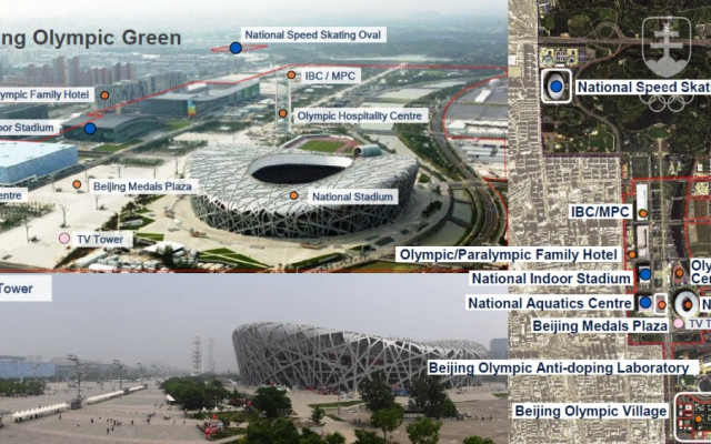 Mapka rozloženia športovísk a ďalších olympijských stavieb priamo v Pekingu, kde organizátori využijú aj športoviská, postavené k OH 2008.