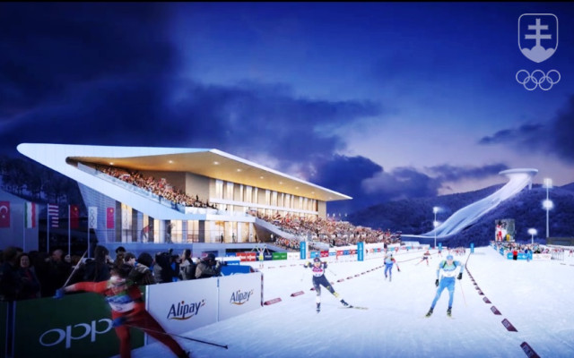 Vizualizácia biatlonového štadióna, vpravo v pozadí skokanské mostíky.