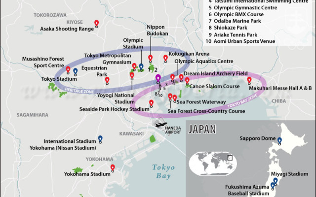 Mapka rozloženia väčšiny olympijských športovísk v dvoch tokijských zónach a v blízkosti mesta, resp. vzdialenejších športovísk.