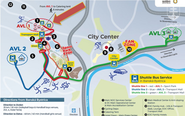 Mapka rozloženia dejísk súťaží aj miest ubytovania a schéma prepravy účastníkov EYOF v Banskej Bystrici.