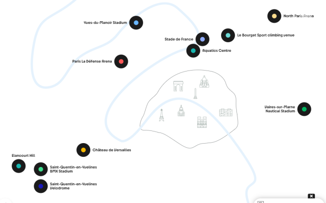 Mapka rozmiestnenia olympijských športovísk v okolí Paríža.