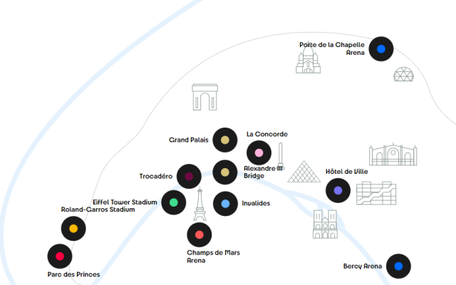 Mapka rozmiestnenia olympijských športovísk priamo v Paríži.