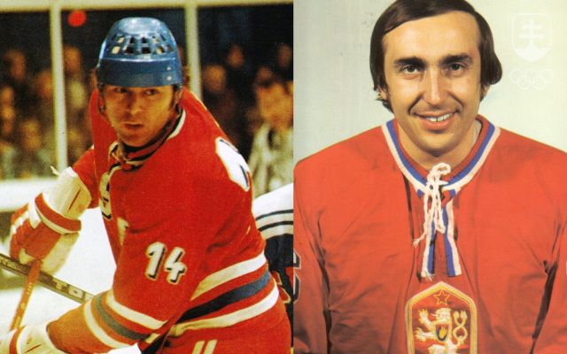Václav Nedomanský a Jiří Holeček v čs. reprezentačnom drese, v ktorom dlhé roky patrili k najväčším hviezdam medzinárodného hokeja.