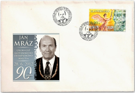 Ján Mráz na poštovej obálka i príležitostnej pečiatke, ktoré boli vydané k jeho 90. narodeninám.