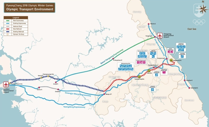 Mapka prepojenia východného a západného pobrežia, ktoré spája Soul s olympijským regiónom. ILUSTRÁCIA POCOG