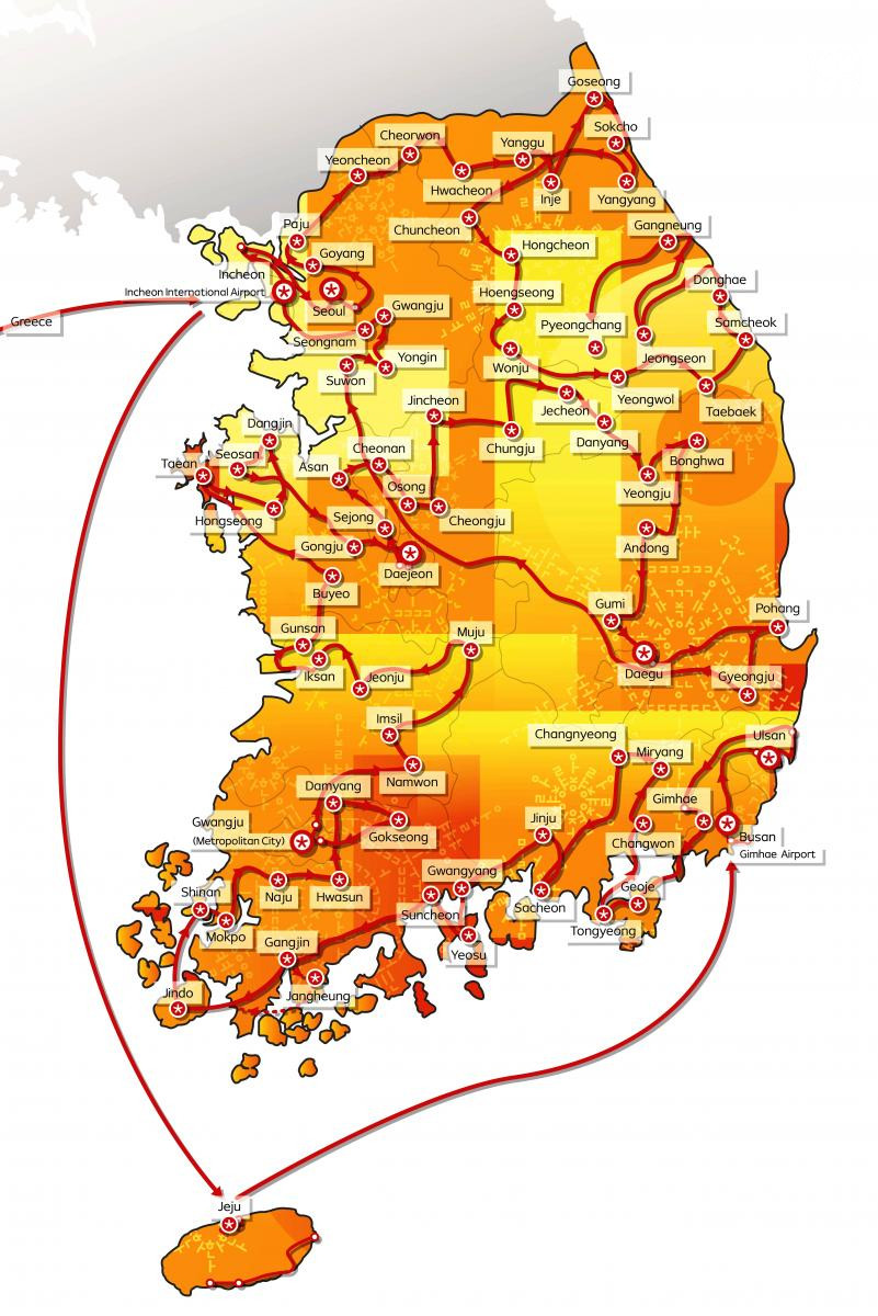 Mapa štafety s olympijskom ohňom po území Kórejskej republiky.