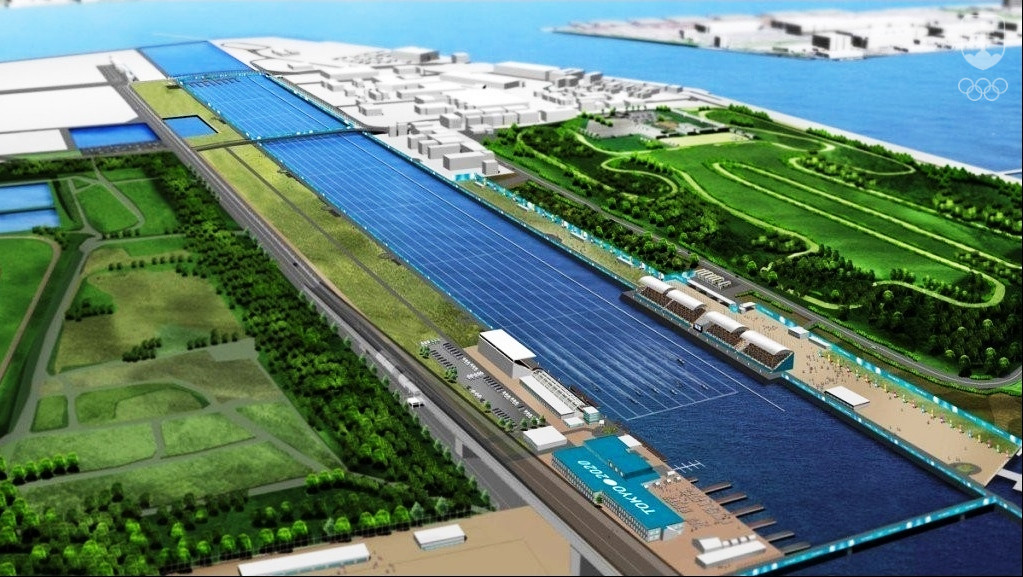 Vizualizácia olympijského areálu v Tokiu pre veslovanie a rýchlostnú kanoistiku.