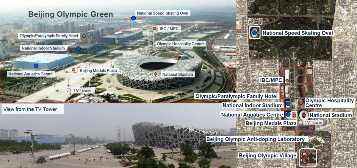 Mapka rozloženia športovísk a ďalších olympijských stavieb priamo v Pekingu, kde organizátori využijú aj športoviská, postavené k OH 2008.