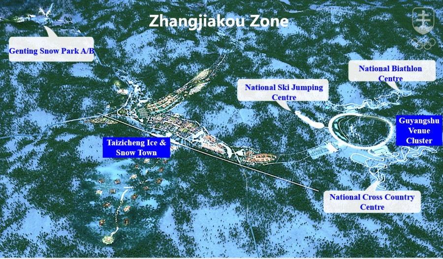 Mapka rozloženia horských olympijských športovísk v zóne Čchang Ťia-kchou - Čchungli.