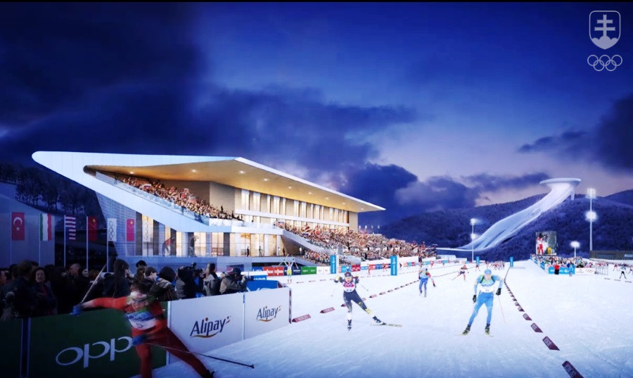 Vizualizácia biatlonového štadióna, vpravo v pozadí skokanské mostíky.