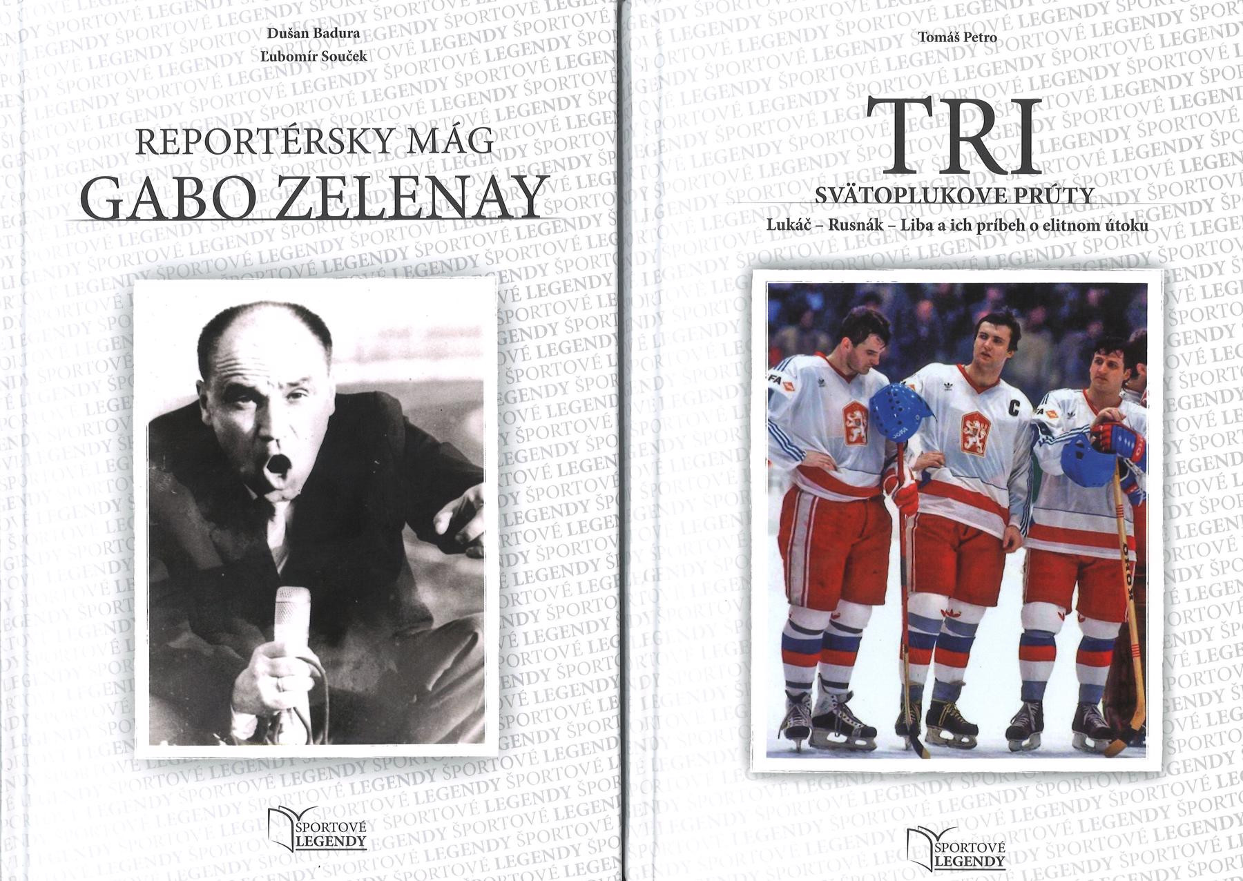 Predné obálky kníh o slávnom rozhlasovom športovom reportérovi Gabovi Zelenayovi a o hviezdnom útočnom hokejovom triu Vincent Lukáč, Dárius Rusnák a Igor Liba.