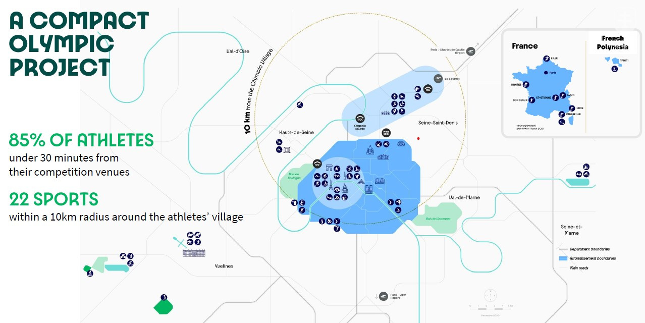 Prehľadná mapka rozmiestnenia dejísk olympijského diania v Paríži 2024,