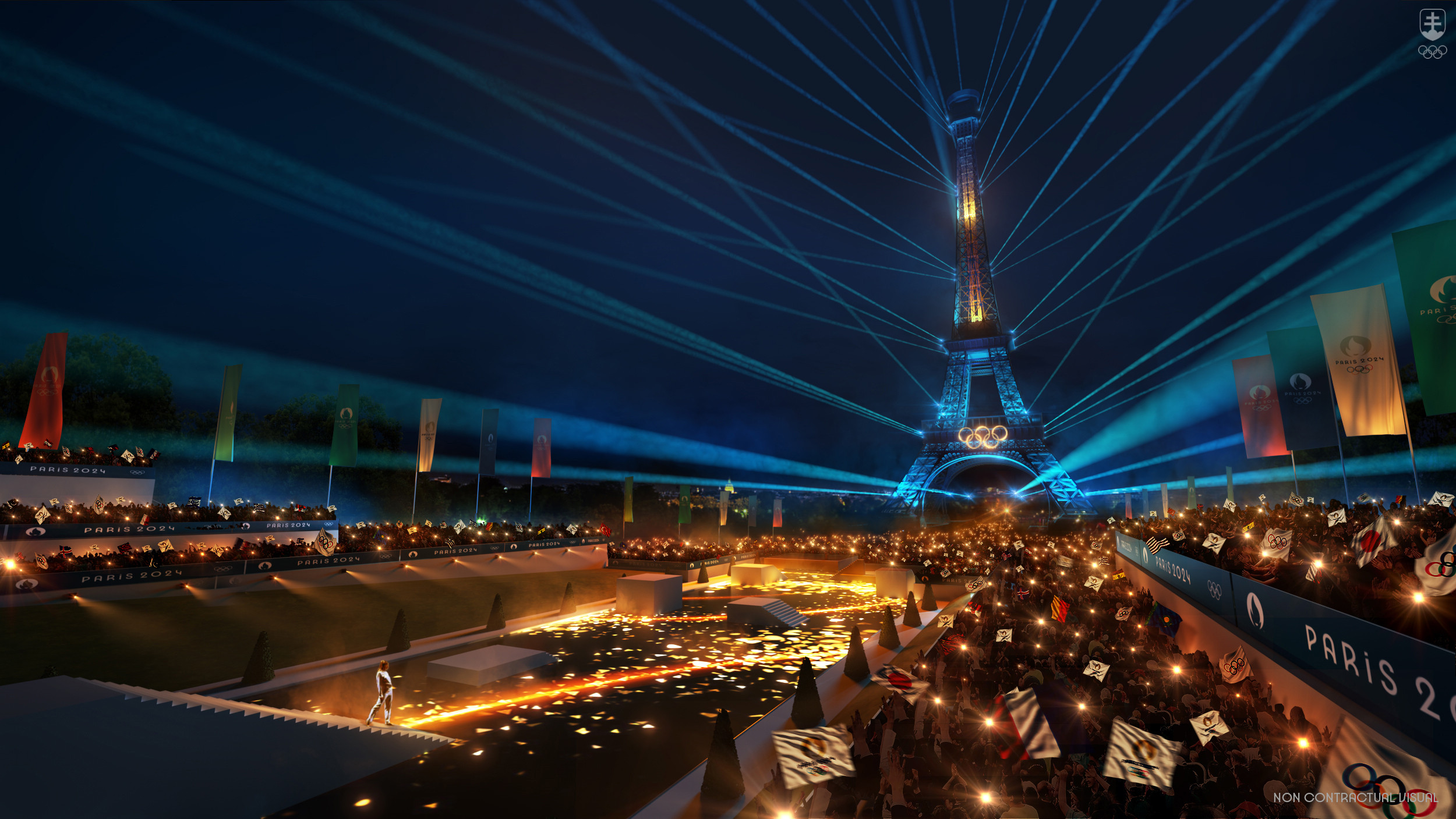 Vizualizácia, ako by to na Trocadére mohlo vyzerať počas protokolárnej časti slávnostného otvorenia OH 2024.