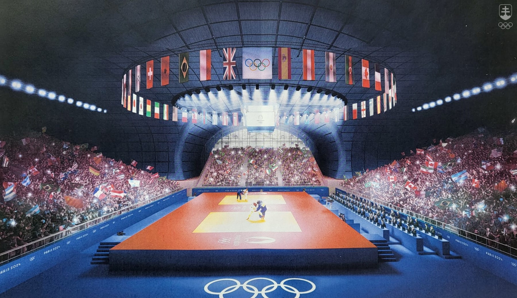 Vizualizácia brandingu parížskych olympijských športovísk.