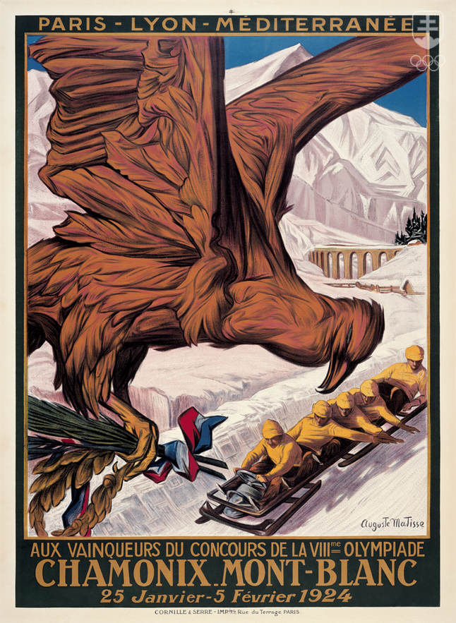 Oficiálny plagát Medzinárodného týždňa zimných športov v Chamonix, ktorý predstavoval predprogram Hier VIII. olympiády v Paríži.