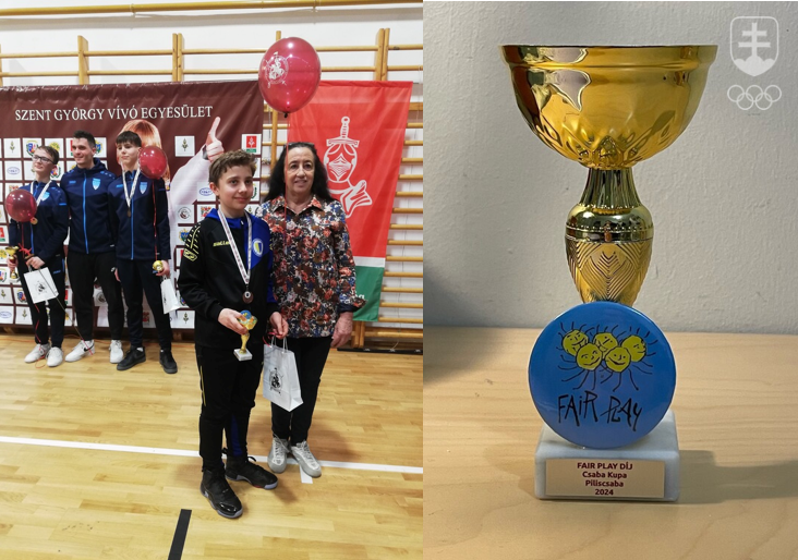 Vľavo jeden z mladých laureátov ocenenia fair play v spoločnosti Kataríny Ráczovej, vpravo v detaile Cena fair play.